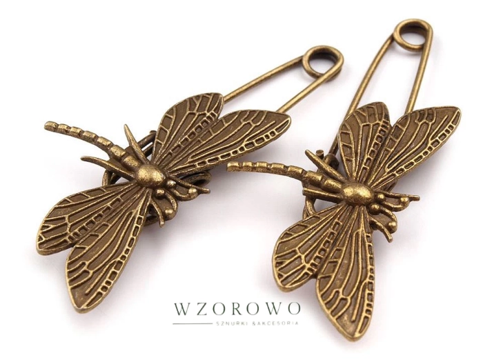 Broszka ważka 30x70 mm na agrafce stary mosiądz